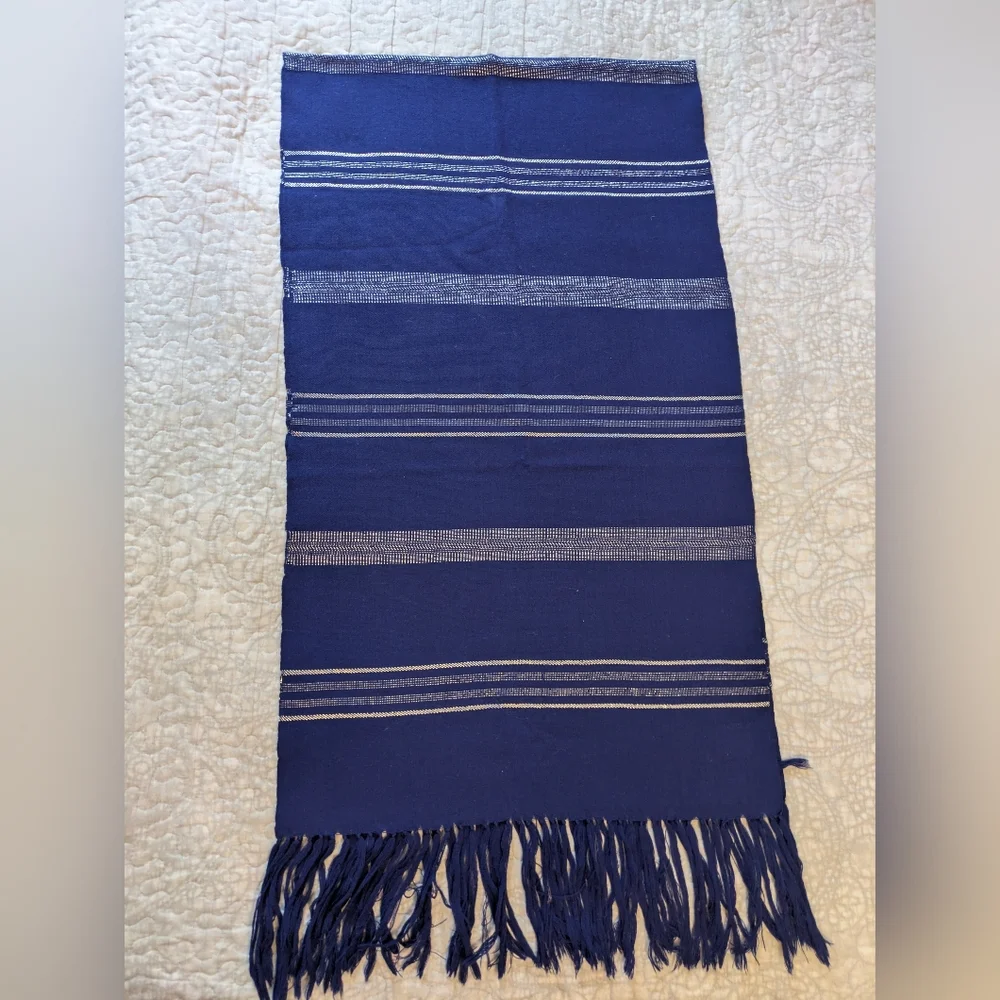 Hand Woven Blue Fringed Scarf From Mackay Home Craft Studio - Picture 5 of 6